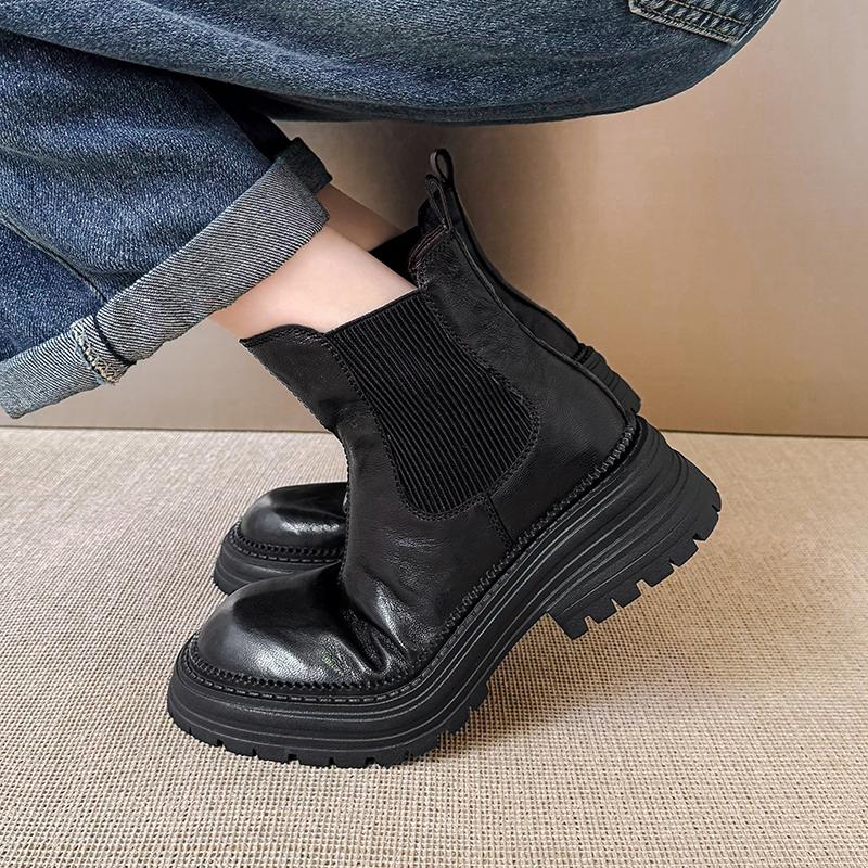 Fashion 2025 New Women Shoes Genuine Leather Mid Block Heels Chelsea Boots Autumn Winter Black Brown Snake Round Toe Slip-On Ankle Boots