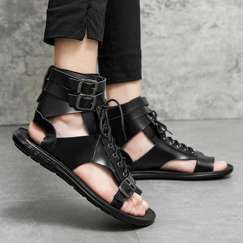 Men Roman Sandals  Leather Gladiator Sandals Outdoor Summer Roman Sandals for Men Peep Toe Open Toe Beach Shoes