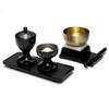 Soka Gakkai 4-Piece Set of Buddhist Accessories, Black, Featuring a Rust-proof Bell with a Tranquil Tone, Water Bowl, Rice Bowl, and Tray.