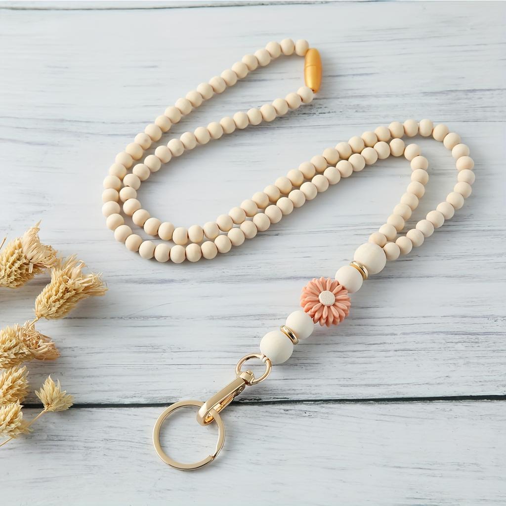 Wooden Beaded Keychain with Silicone Flower Charm - Stylish Lanyard Necklace for Keys, Badges, Light-Colored Beads & Golden Clasp, Key Necklace