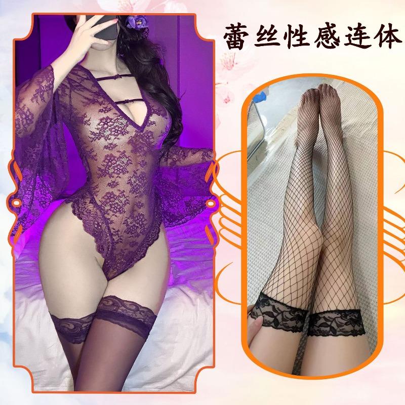 Chaomu slim and thin erotic underwear sexy perspective one-piece pure desire horn sleeve lace pajamas hollow uniform women