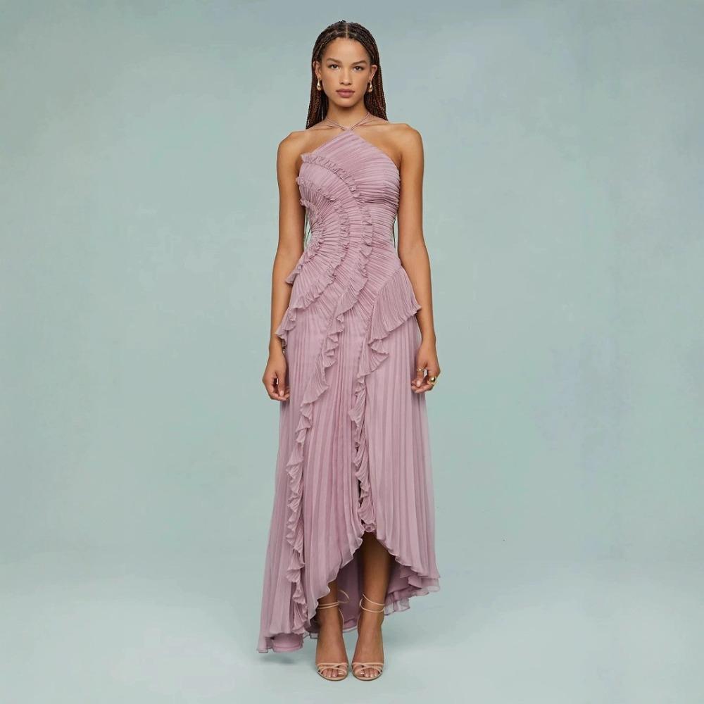 Women's Halter Sleeveless Midi Dress Slim High Waist Elegant Ruffle Chiffon Maxi Dress Solid Pleated Irregular Hem Party Long Dress
