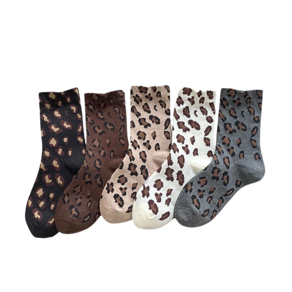 5 Pairs Korean Style Famale Tube Socks Soft Mid-Calf Socks Hosiery Leopard Print Socks  Streetwear
