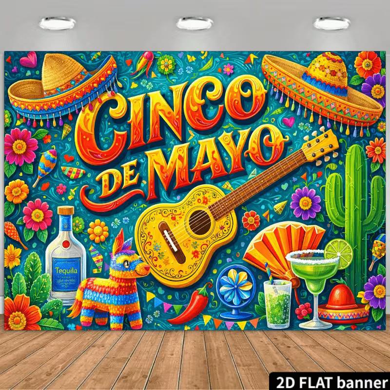 

2D Cinco de Mayo Backdrop, Mexican Fiesta Guitar Sombrero Party Photo Booth 47.2x31.5inch/120*80cm
