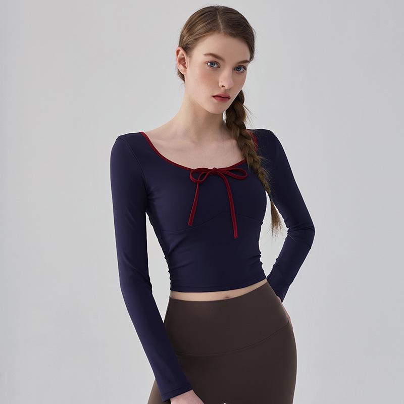 

Женский кроп-топ с длинными рукавами и квадратным вырезом для йоги и пилатеса, для осени и зимы Medium синий