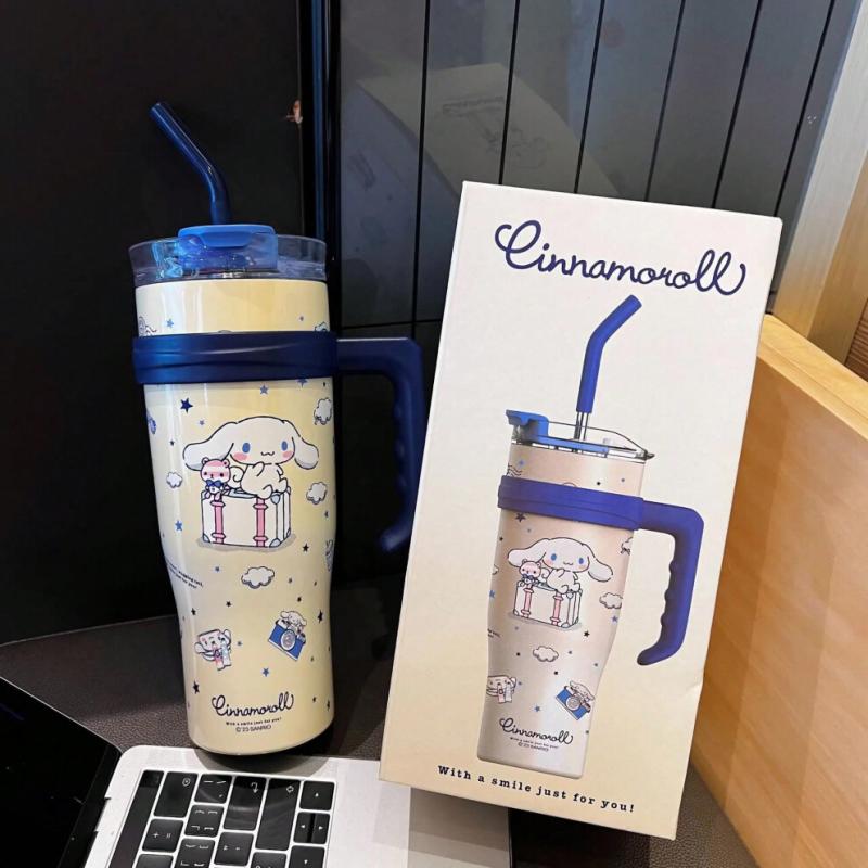 (1200ml, Cinnamoroll) 1200ml Sanrio Thermos Bottle Cute Hello Kitty Kuromi Cinnamoroll Melody Cartoon Large Capacity Straw Stainless Steel Bottle