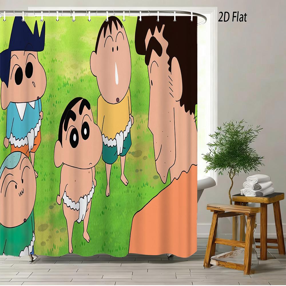 Crayon Shin-Chan & Friends Adventure 2D Print Waterproof Shower Curtain, Anime Bathroom Decor With Hooks