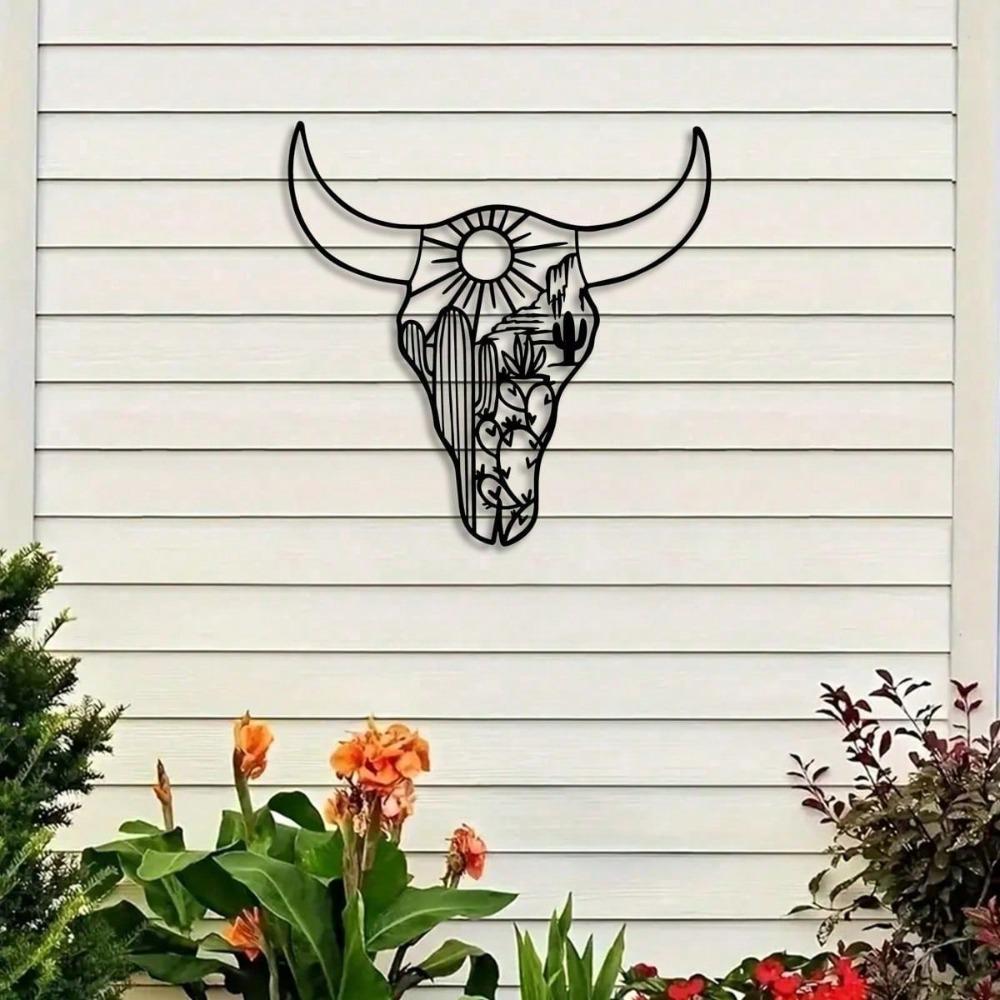 Metal Longhorn Skull Wall Decor, Desert Cactus Silhouette Art, Boho Southwest Home Ornament, Unique Garden Gift
