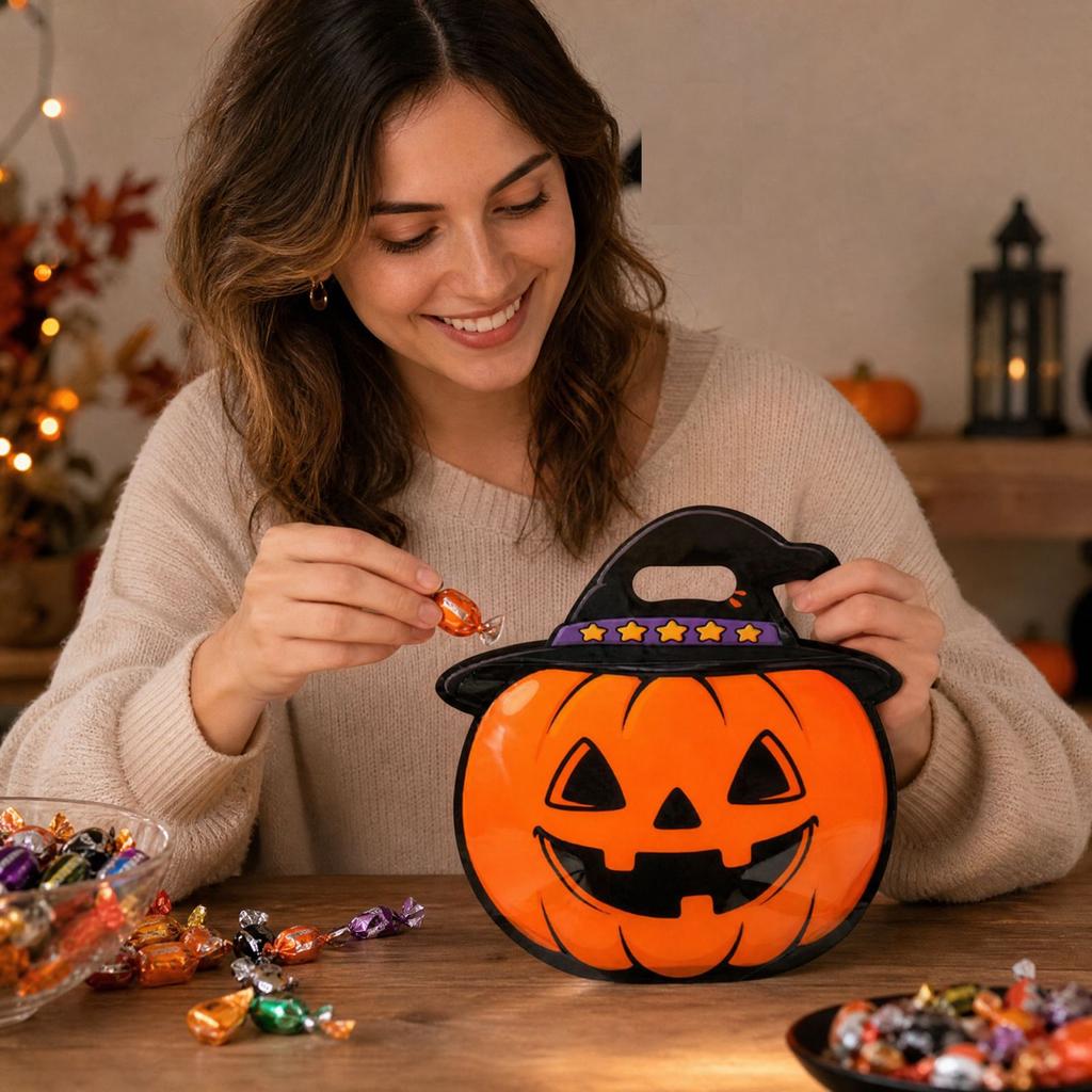 Halloween Pumpkin Candy Bags for Kids with Handle, -or- Party Gift Bags, Food Grade Self-Sealing Bags