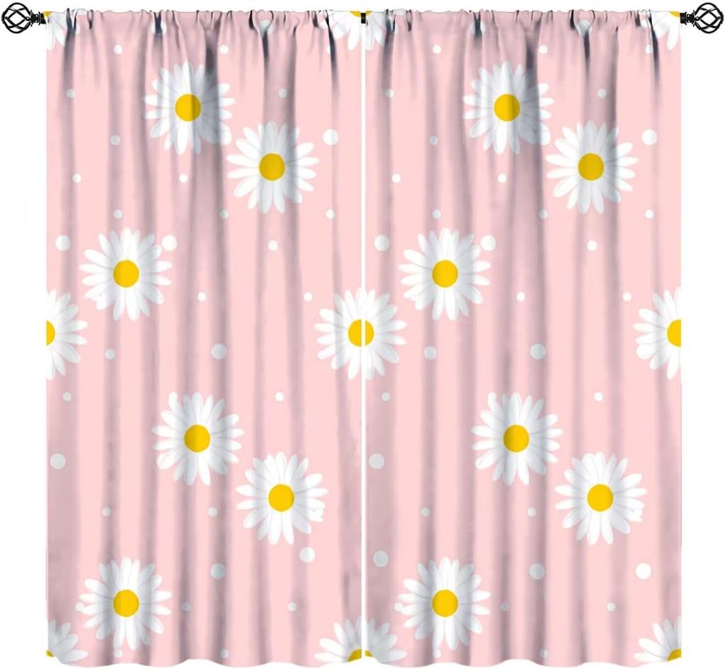 Pink Orange Flower Curtains Girls Bedroom Retro Hippie Groovy Daisy Floral Print Window Treatments Kids Curtain Polyester Ideal For