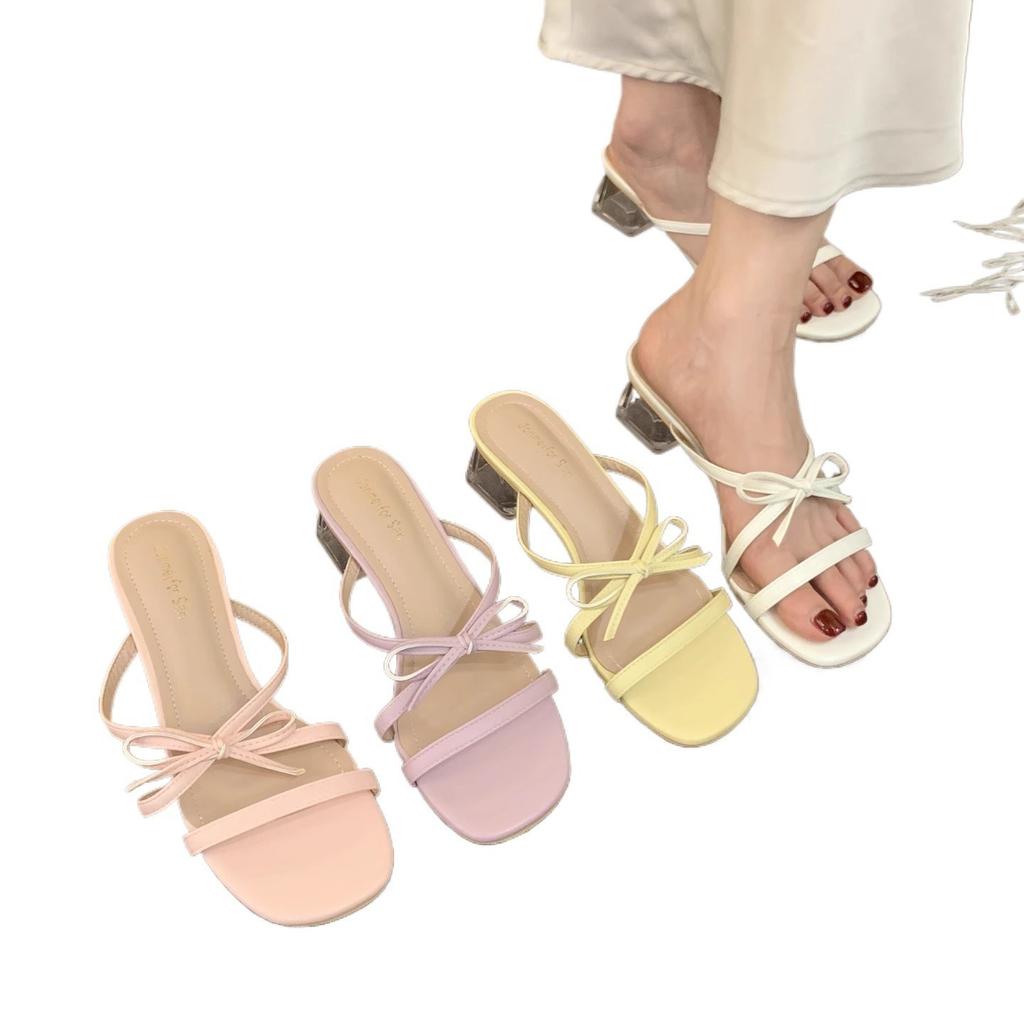 French Fairy Style Gentle Evening Shoes Bow Word with Open Toe Cool Slippers Female Summer Wear Crystal Heel Sandals