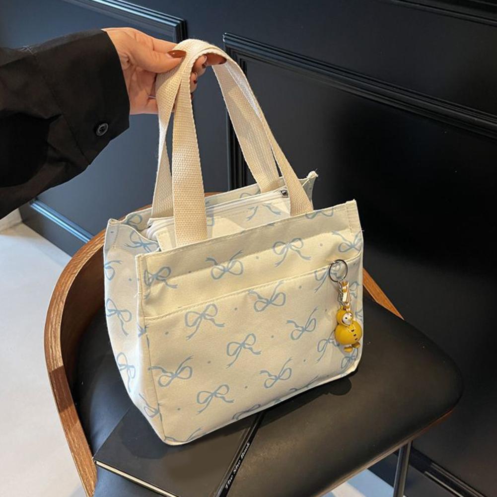 Canvas Lunch Bag with Handle Bow Print Tote Bag Lightweight Hobo Bag for Women Girls School Office Meal Prep Bag Cute Lunch Bag