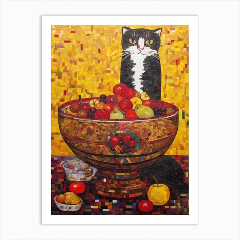 Vintage Bouquet Flower Lotus Lilies With A Cat Art Nouveau Klimt Style Art Print Poster Canvas Painting Wall Picture Room Decor