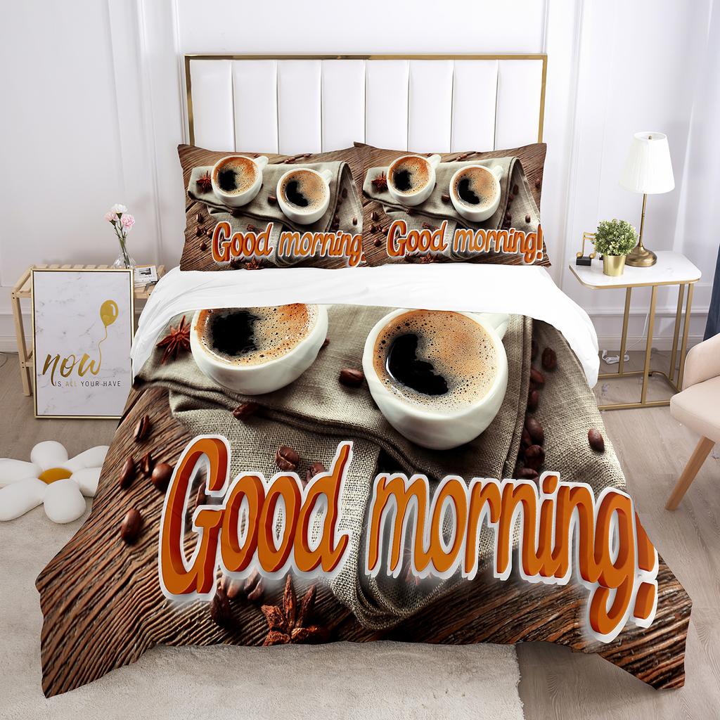 Buon Mattino Set Copripiumino Stampa 3D Pane Caffè Colazione Poliestere Copripiumino King Queen Matrimoniale per Set Letto Adolescenti