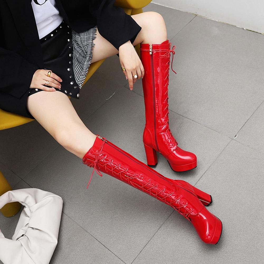 Fashion 2025 Patent Leather White Lacing Knee High Boots Lace Up Ladies Platform Boots High Heels Fashion Nightclub Patry Shoes Wholesal
