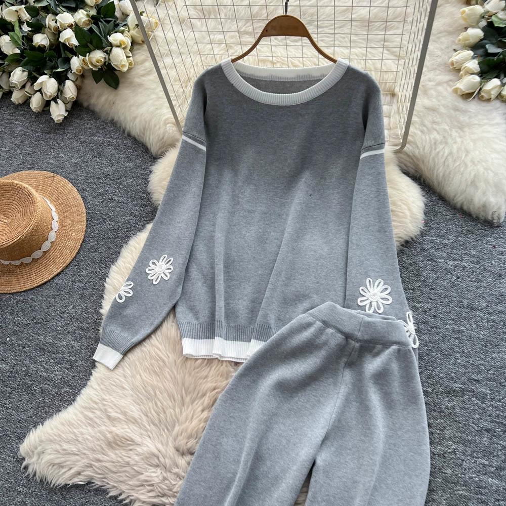 Autumn Winter Women Vintage Embroidery Flower Knitted Sweater Trouser Two Piece Set O-neck Pullover Tops and Pant Tracksuit
