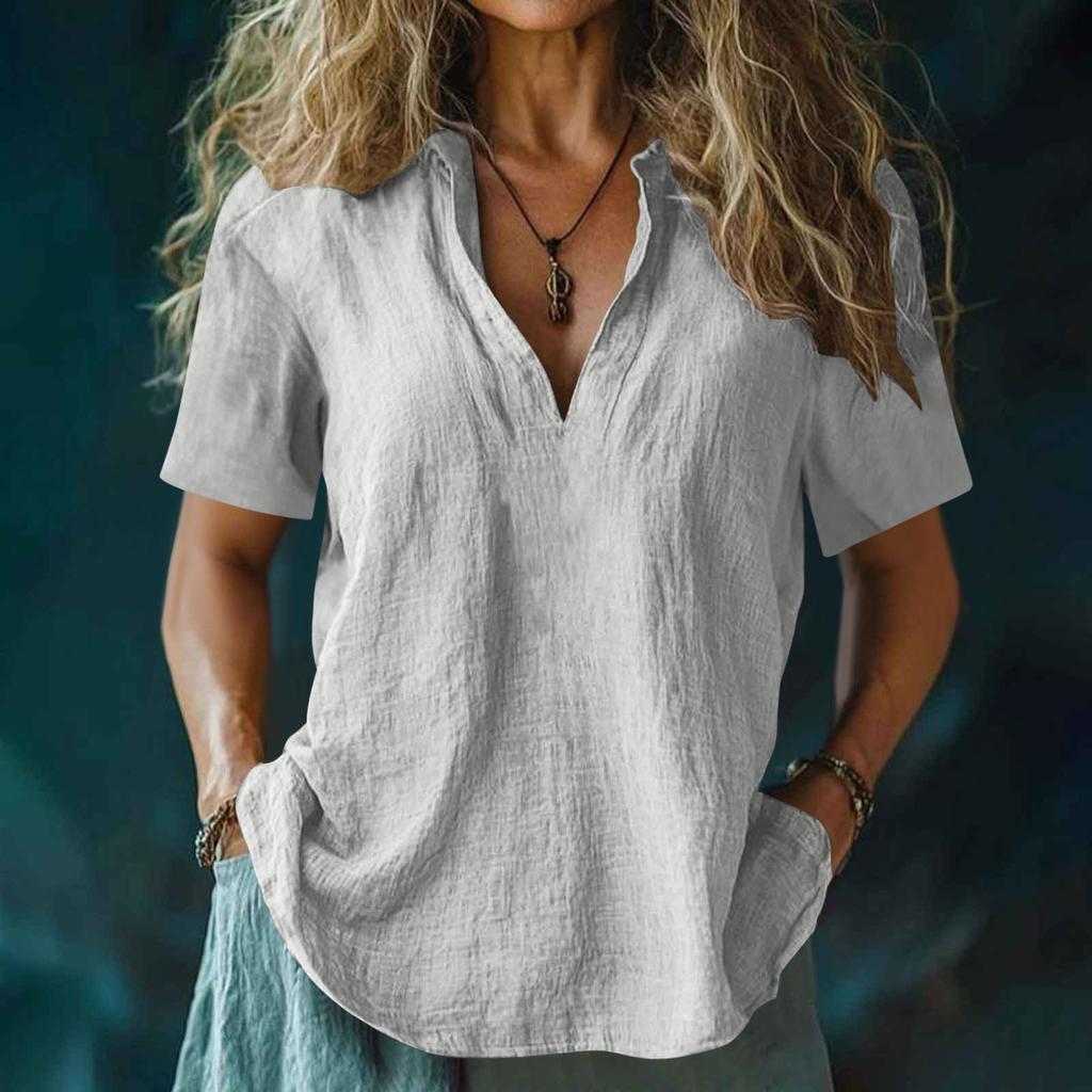 Womens Linen Short Sleeve V Neck Casual Blouse Loose Fit Lightweight Summer Top for Daily Work Travel Beach Wear