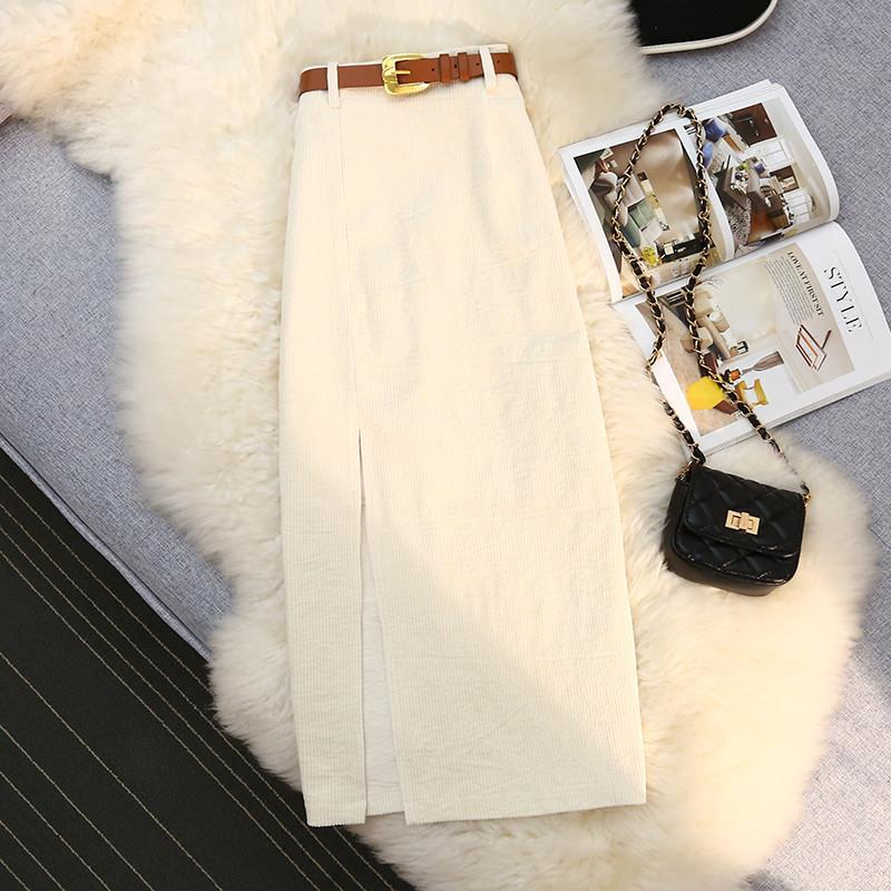 Corduroy Skirt for Women In Winter Brown Skirt Mid-length Slit Hip-pack Skirt One-step Skirt High Waist A-line Long Skirt
