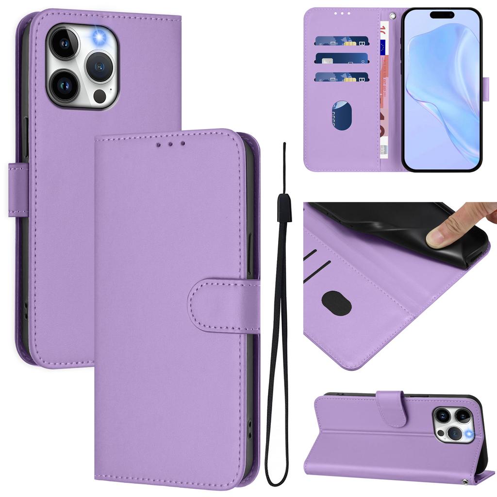 For iPhone 15 Pro Max Case Solid Color Wallet Leather Phone Cover with Strap