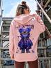 American Street Style Purple Sunglasses Small Bear Print Hooded Sweatshirt Oversized Loose Long-sleeved Casual T-shirt