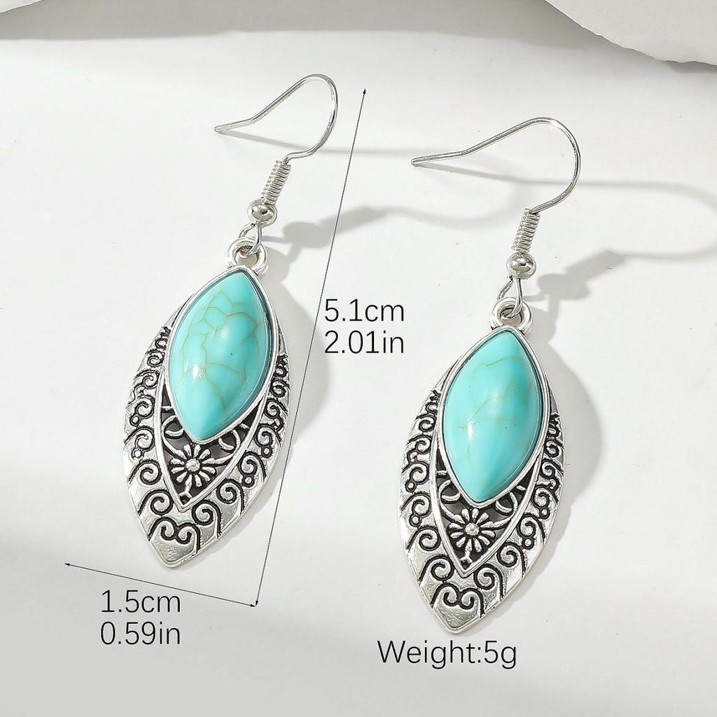 Vintage Pattern Blue Rhinestone Inlaid Turquoise Water Drop Earrings Bohemian Personality Water Drop Earrings