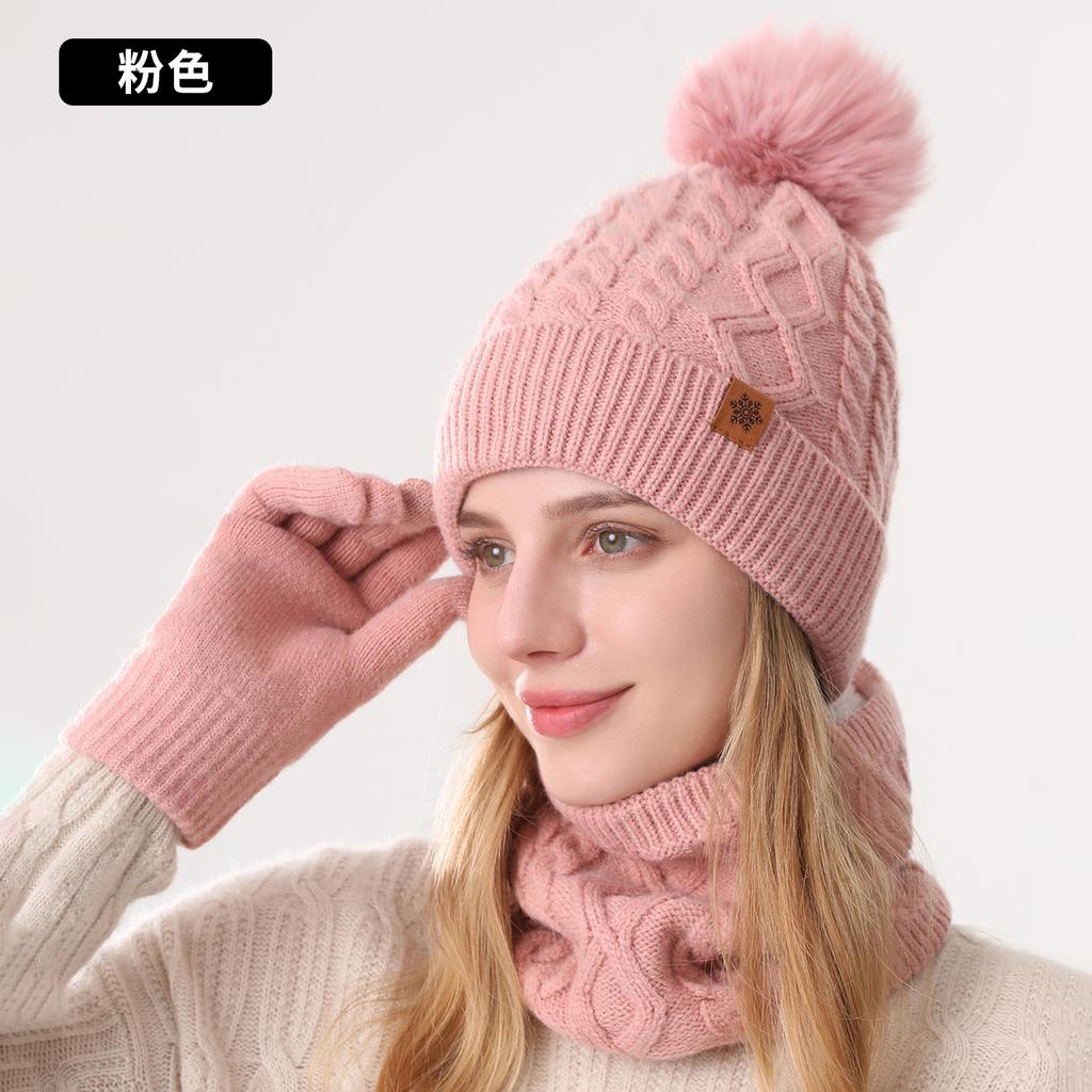 Hat, scarf and gloves three-piece set, winter outdoor riding scarf double-layer fleece and thicker, knitted hat