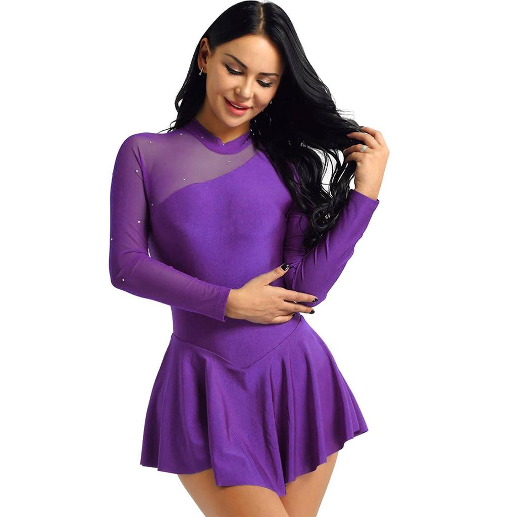 Women Skating Dress Long Sleeve Neck Halter Leotard Dance Dresses Figure Skating Performance Costume
