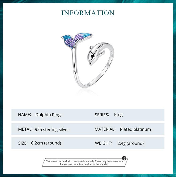Bamoer Authentic 925 Sterling Silver Dolphin Ring for Women Fine Jewelry Colored Cute Tail Ring Kids Beach Party Gift