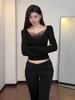 Modal V-Neck Mesh Patchwork Long-Sleeve Ballet T-Shirt for Women - Autumn/Winter Collection.