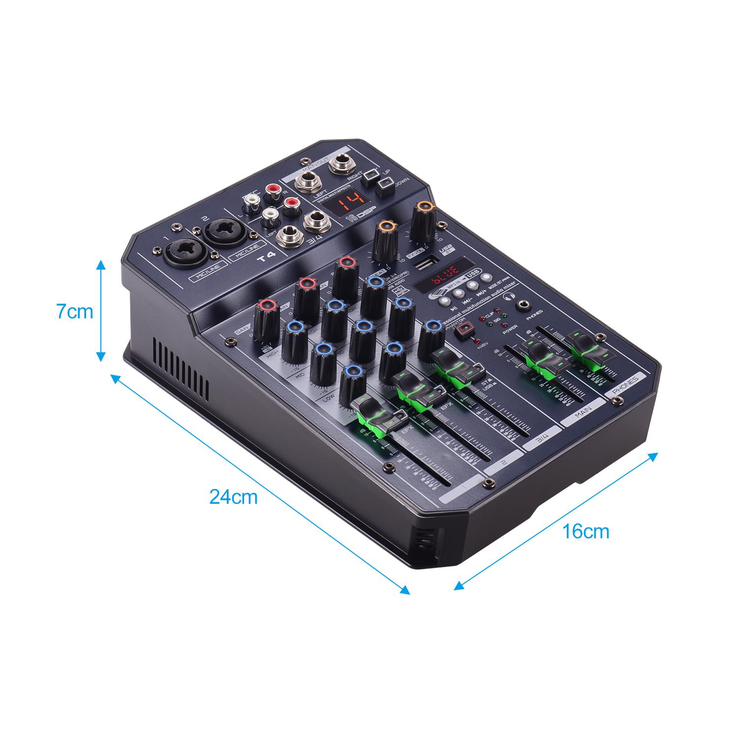 

T4 Portable 4-Channel Sound Card Mixing Console Mixer Built-in 16 48V power Supports Connection MP3 Player Recording Function 5V
