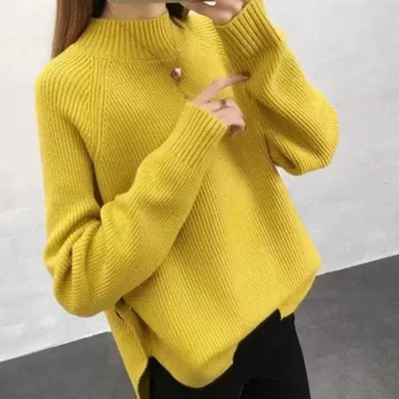 Fashion temperament design sense hem split solid color knitted sweater loose lazy half turtleneck pullover sweater women's wear