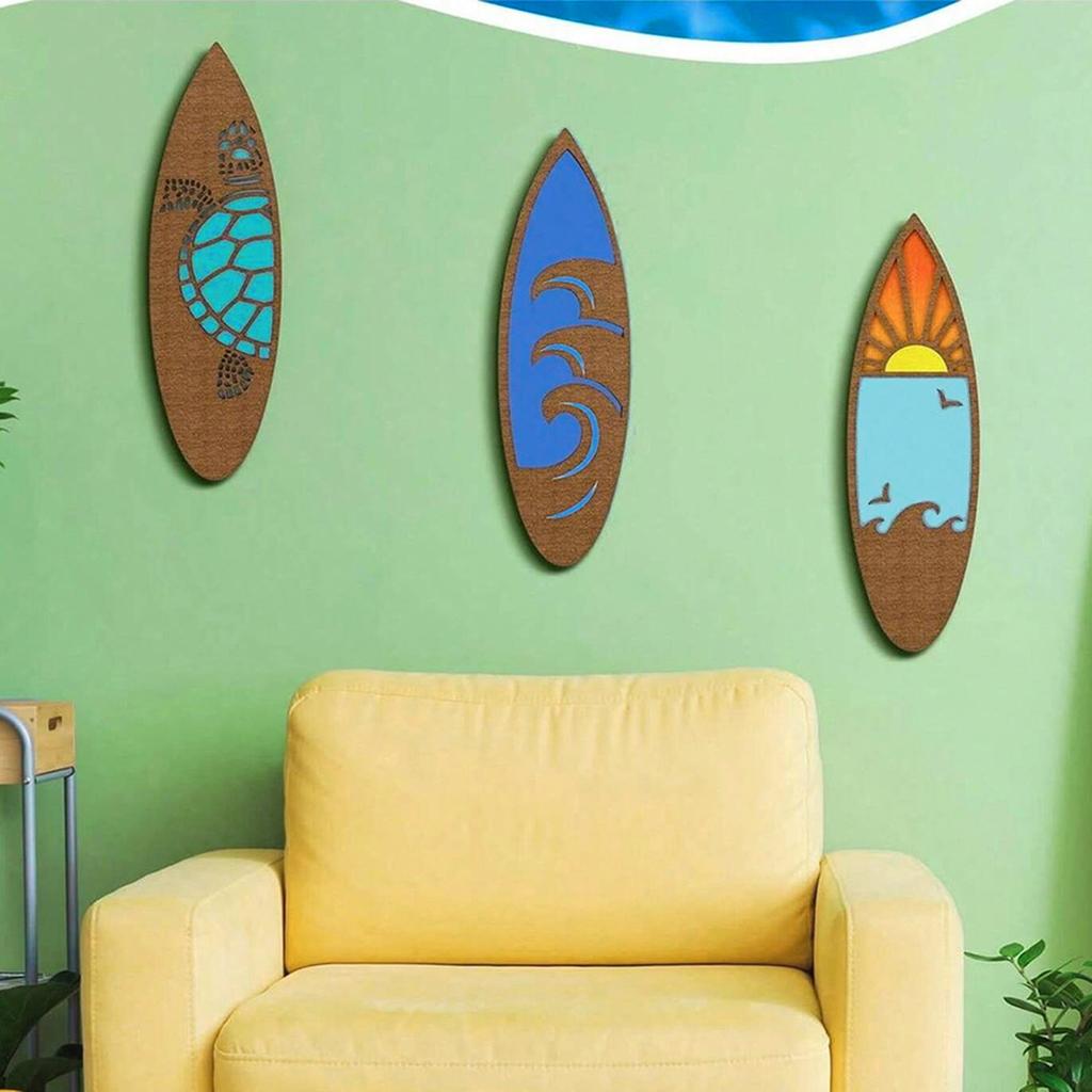 3pc Wooden Surfboard Wall Hanging Sign Summer Themed Hawaiian Tropical Hibiscus Flower Wall Decor Pineapple Sea Turtle Door Sign