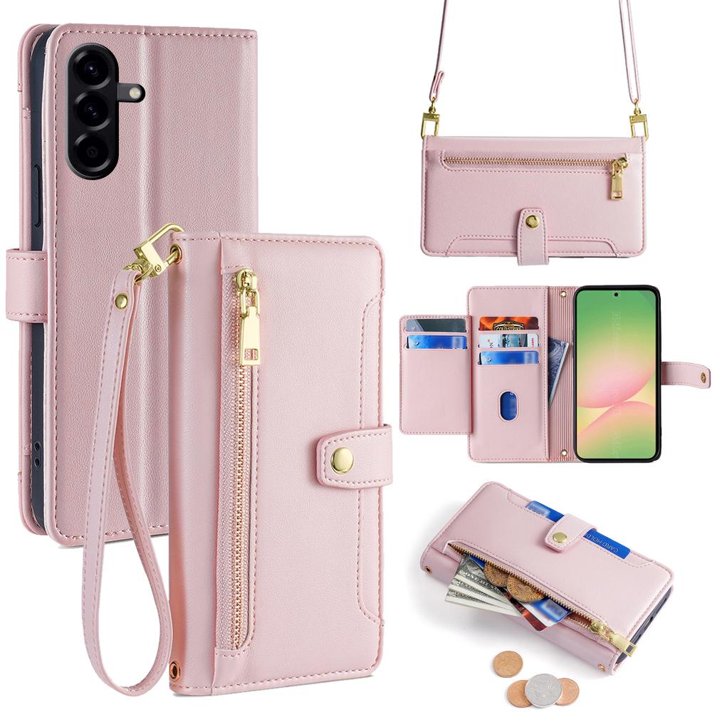 For Samsung Galaxy A56 5G Case Zipper Pocket Wallet Leather Phone Cover with 2 Straps