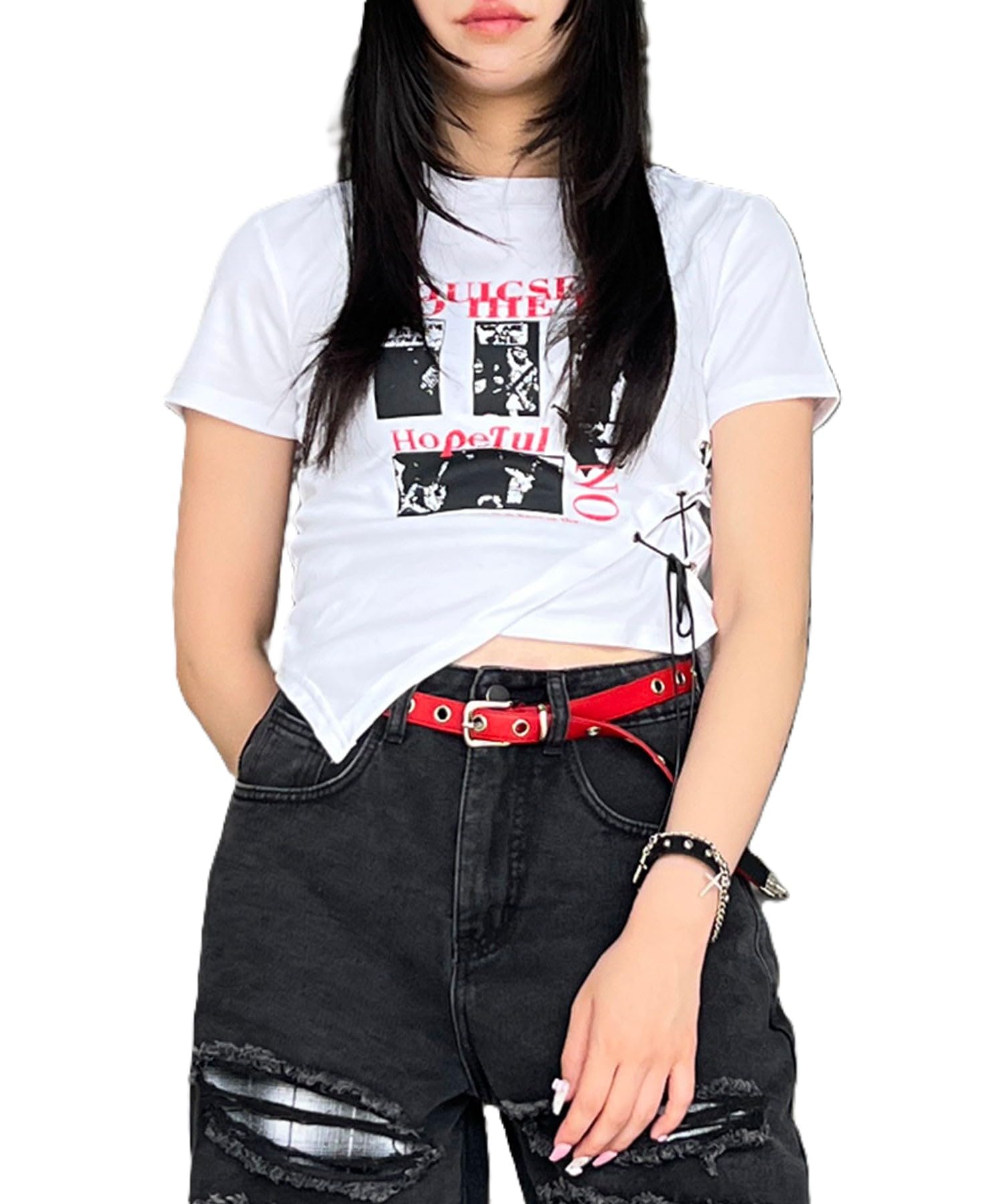 

WEGO Figments Side Punk Summer Korean White T-Shirt, Lace-Up, Style, Top, Style, Women s, белый