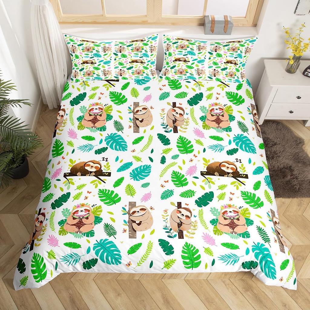 Sloth Bedding Set Kawaii Animals Comforter Cover For Boys Girls Teens,Botancial Flowers Duvet Cover Cartoon Wildlife Quilt Cover