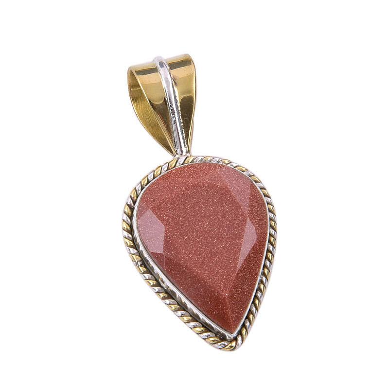 Natural Sunstone Gemstone 925 Solid Sterling Silver Two Tone Pendant 1.25" W6u54