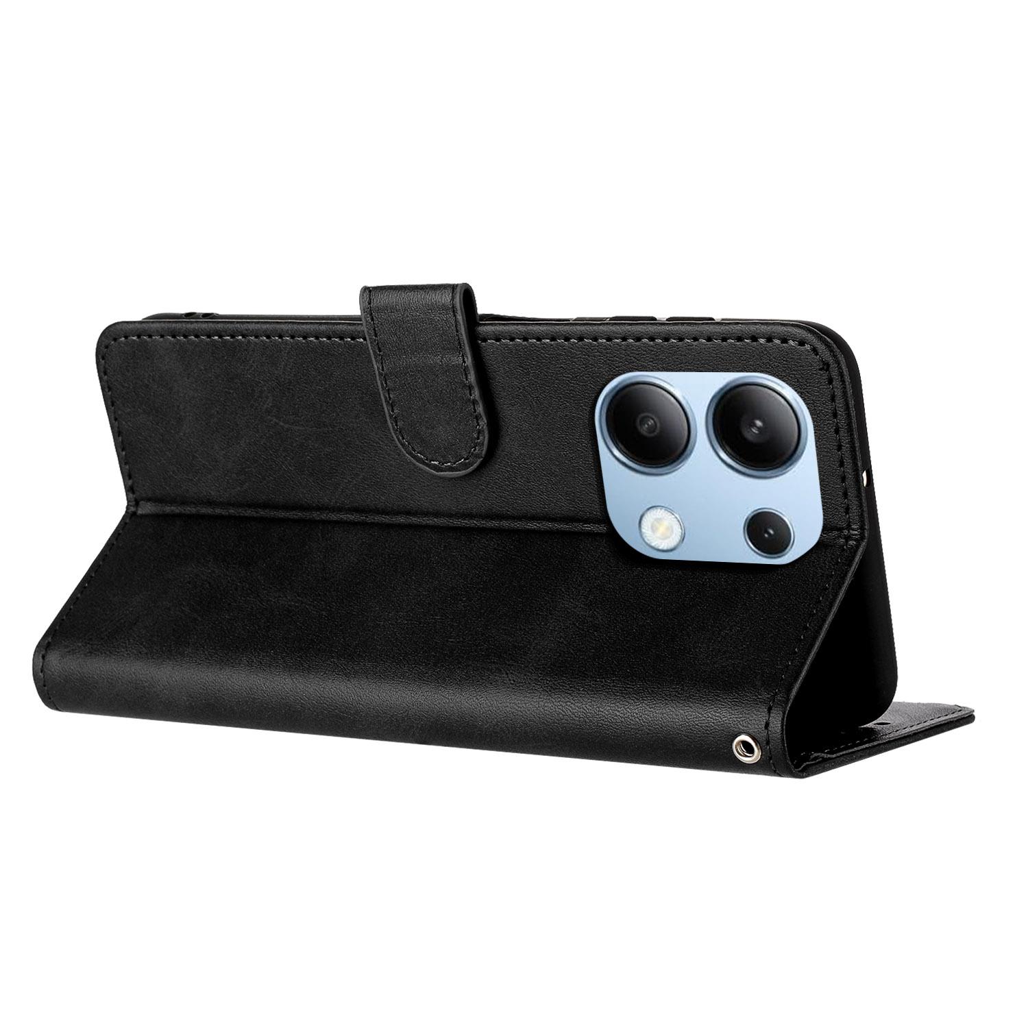 

Cell Phone Case for Xiaomi Redmi Note 13 4G Leather Calf Texture Cover with Strap Black