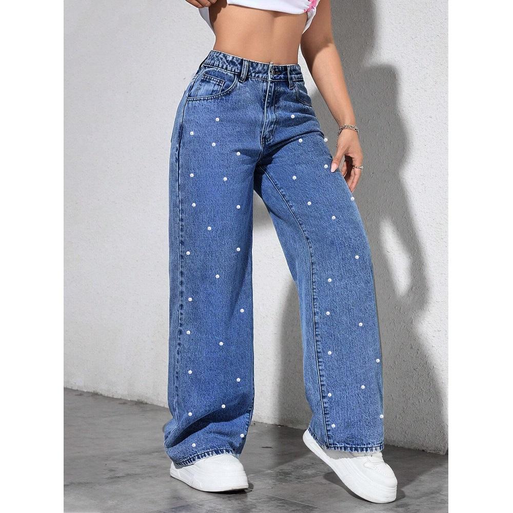 Damen High Waist Jeans Damen Mode Perlen Straight Hosen