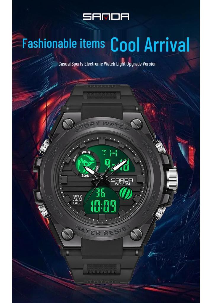 Sanda Teen's Waterproof Dual Display Sports Watch with Luminous Alarm