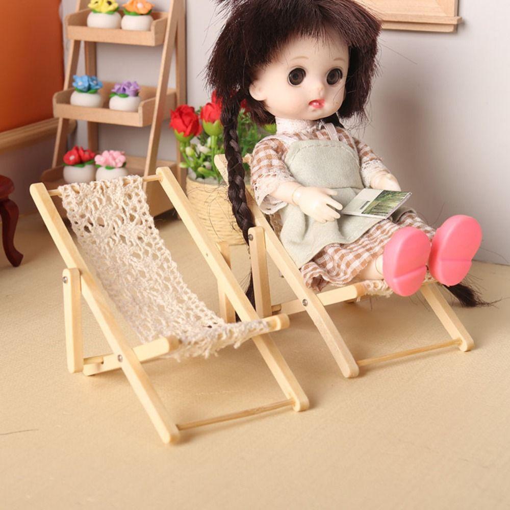 Mini 1/12 Dollhouse Chair Wood Dollhouse Deck Chair Model  Doll House Furniture Accessories