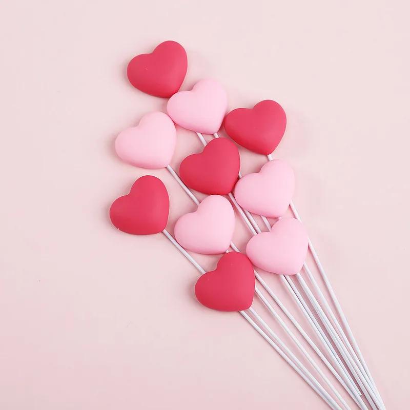 5pcs Birthday 3D Red Heart Cake Toppers Pink Heart Love Cake Decor Happy Birthday Anniversary Wedding Cupcake DIY Decoration