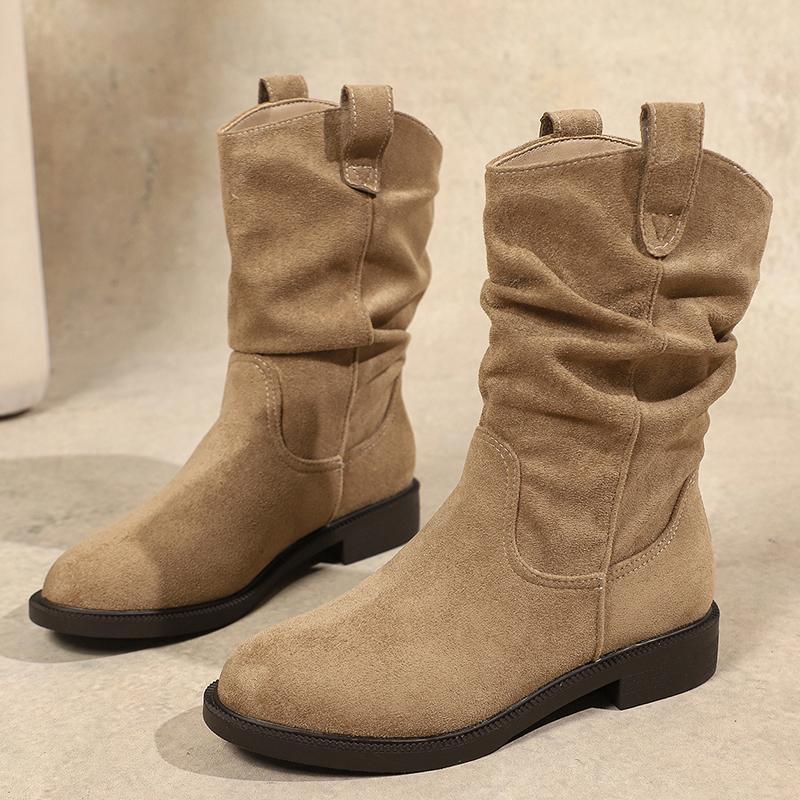 Autumn Winter Low Heel Mid Calf Boots Women  Plus Size Slip On Western Boots Woman Vintage Pleated Design Flock Botas Mujer