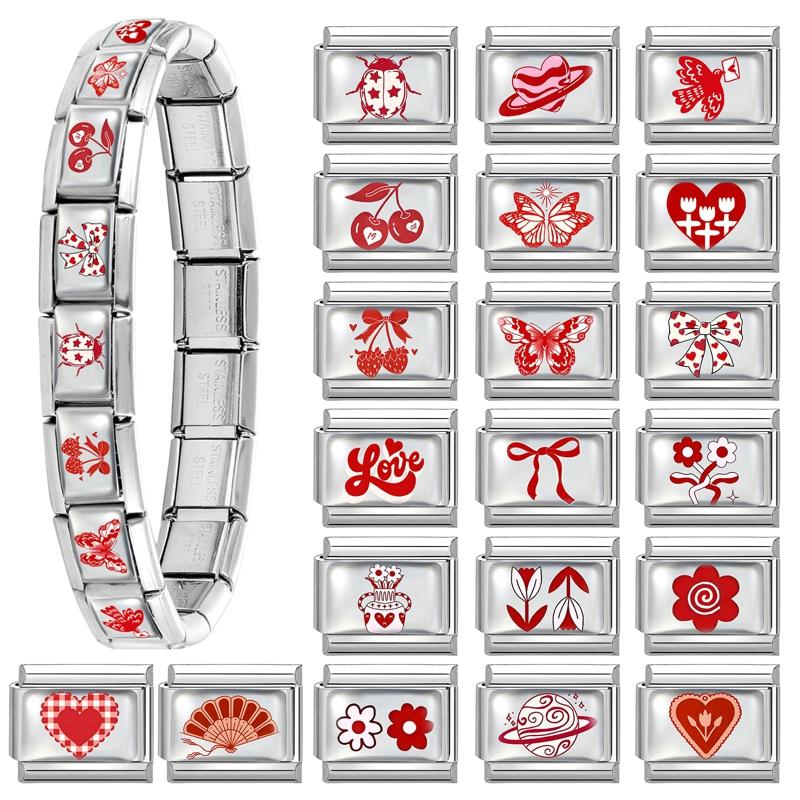 Y2K Rote Serie Blume Kirsche Herz Schleife Schmetterling Liebe Italienischer Charm Glieder Passend 9mm Edelstahlarmband Damen DIY Basteln