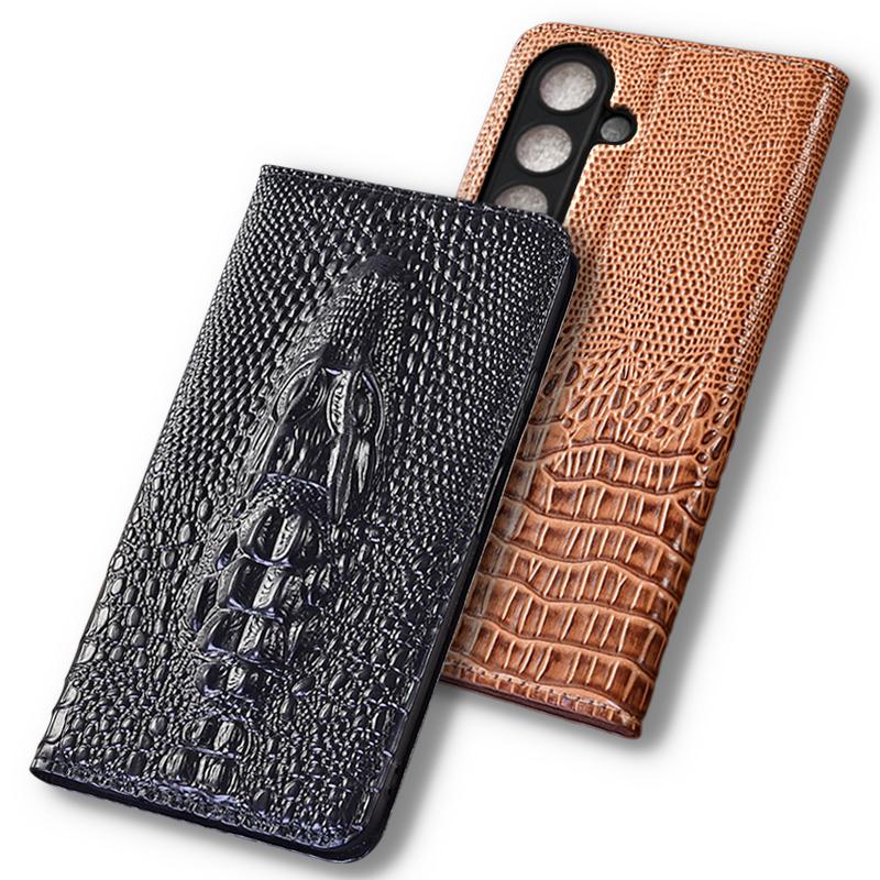 Etui do SAMSUNG Galaxy A56 A36 A26 A16 5G 3D Głowica Krokodyla Flip Case Skóra Naturalna Bydlęca Kieszonka na Karty Magnetyczne Pokrowce