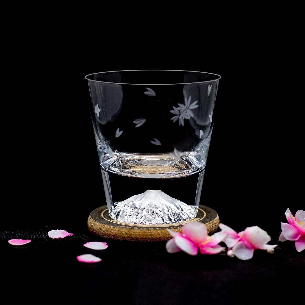 Tajima Glass Handcrafted Japanese Fuji Rocks Glass Sakura Kiriko and Wrapped In Sakura Furoshiki Includes Perfect for Respect for the Aged and [Gift]