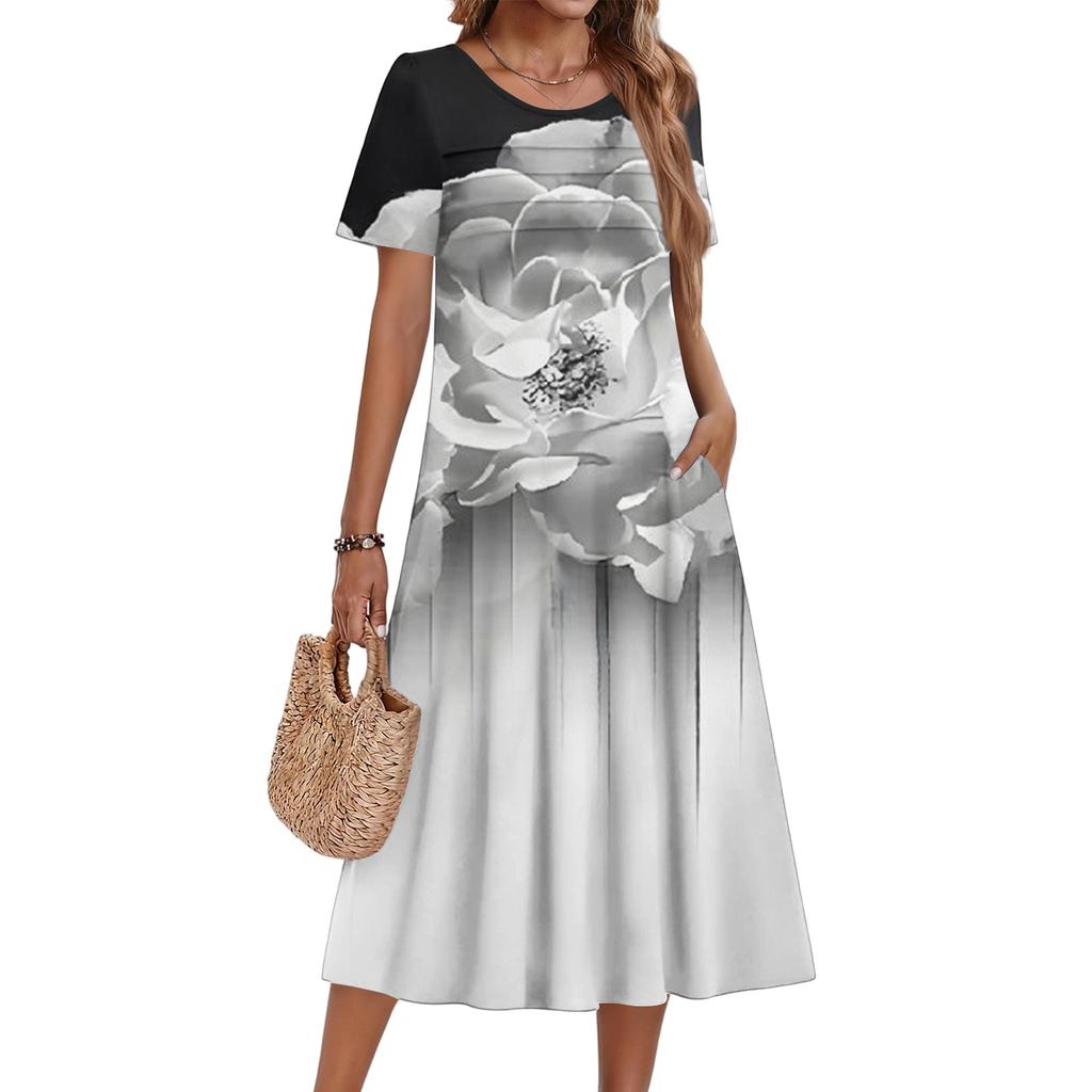 Vestito Corto Casual e alla Moda da Donna con Stampa Floreale e Maniche Corte Girocollo