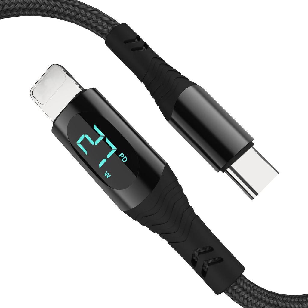 100W PD27W Dual Type-C Fast Charge Cable with Intelligent Digital Display and Metal Braiding.