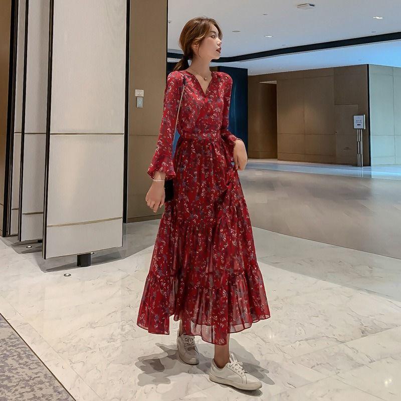 WTEMPO Brand Fragmented Chiffon Long Sleeve Dress Loose Retro Versatile Large Hemline Skirt Slim Tall Super Long Knee Skirts