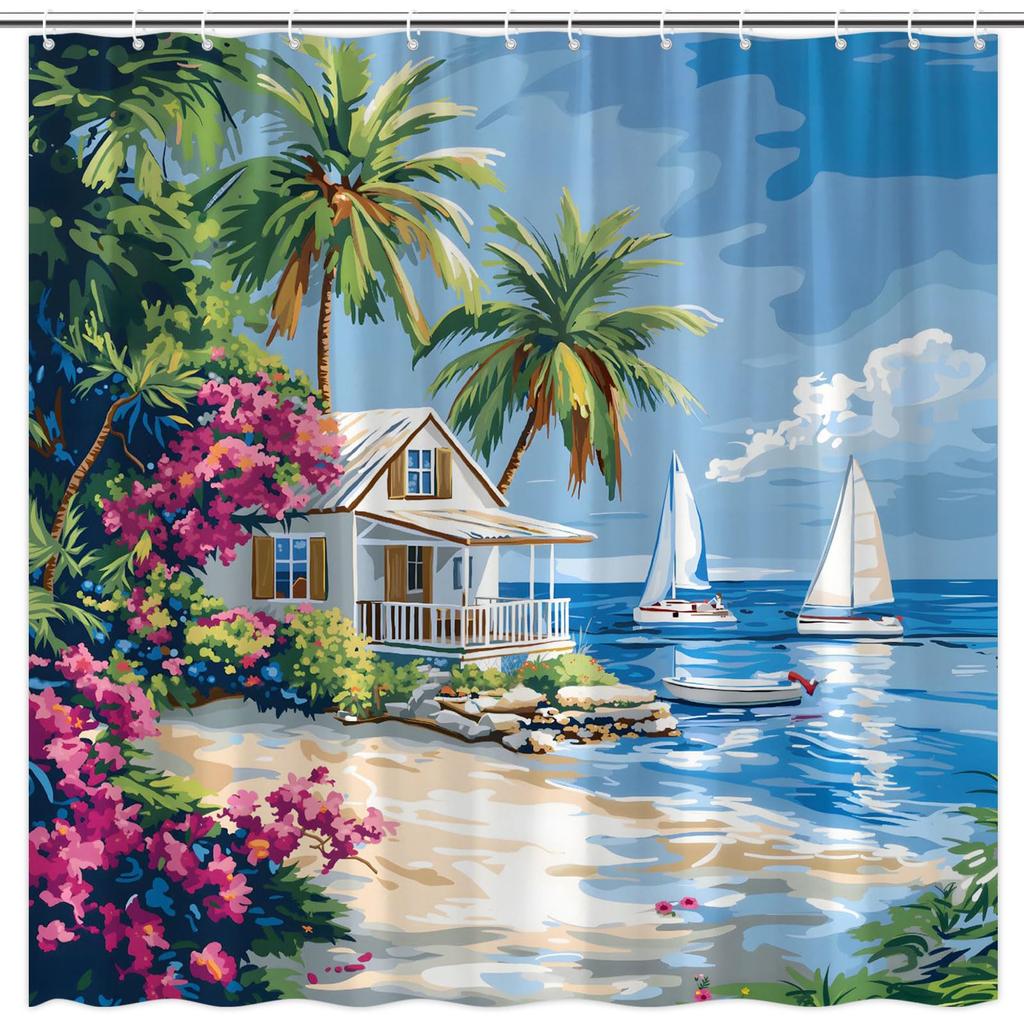 Nautical Lighthouse Shower Curtain Beach Coastal Sunset Sail Boat Retro Scenery Bathroom Decor Bath Curtain With Hooks