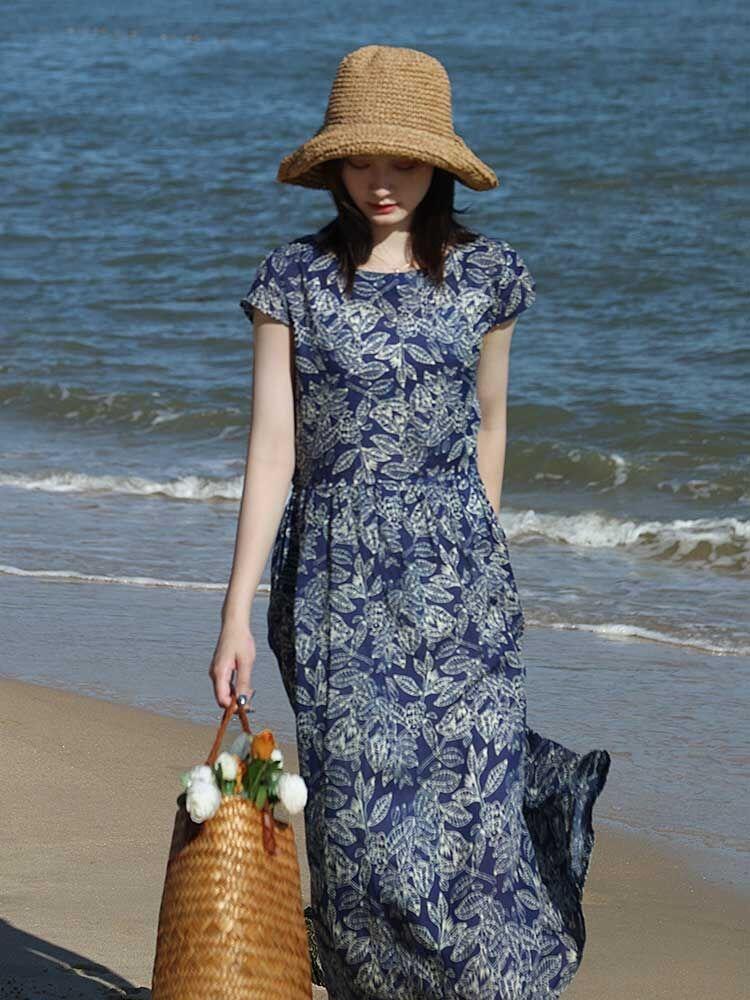 

Синее платье с цветочным принтом из хлопка и льна для женщин, лето 2025, новая свободная и тонкая ленивая юбка с короткими рукавами средней и длинной длины 2XL